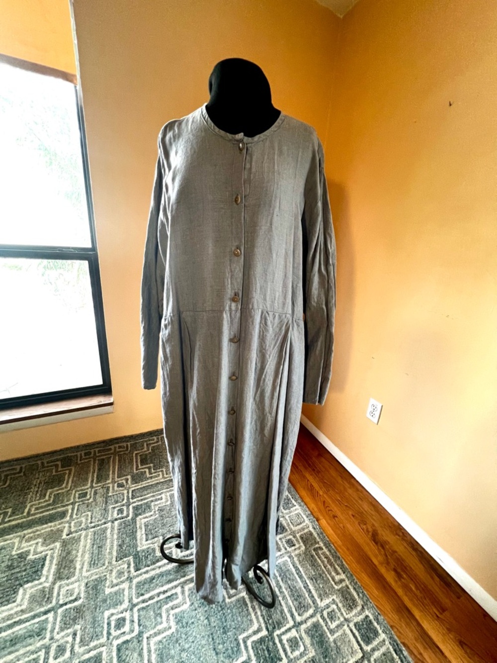 FLAX, 100% Linen, Long-Sleeve Button-Front Green Maxi Dress